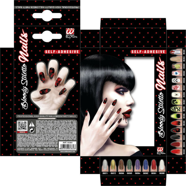 Set da 12 unghie stiletto nero insanguinate autoadesive - immagine 2
