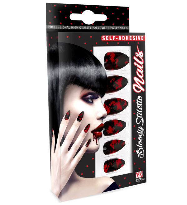 Set da 12 unghie stiletto nero insanguinate autoadesive