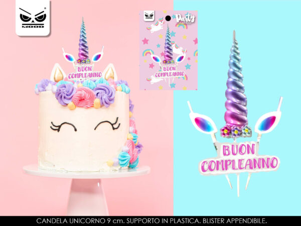 Candelina unicorno con corno colorato buon compleanno