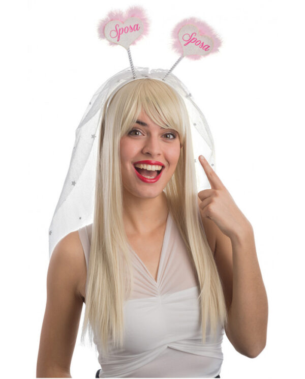 Cerchietto cuori sposa con marabou e velo