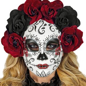 Maschera Catrina con rose rosse e nere