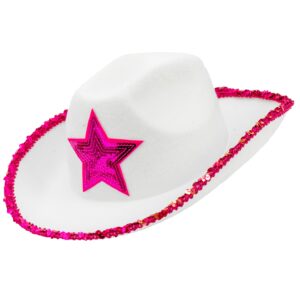 CAPPELLO FESTA COWGIRL BIANCO CON STELLA PAILLETTES FUCSIA